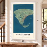 Provincetown, Massachusetts map, 24 x 36 inch print in a white frame by a staircase