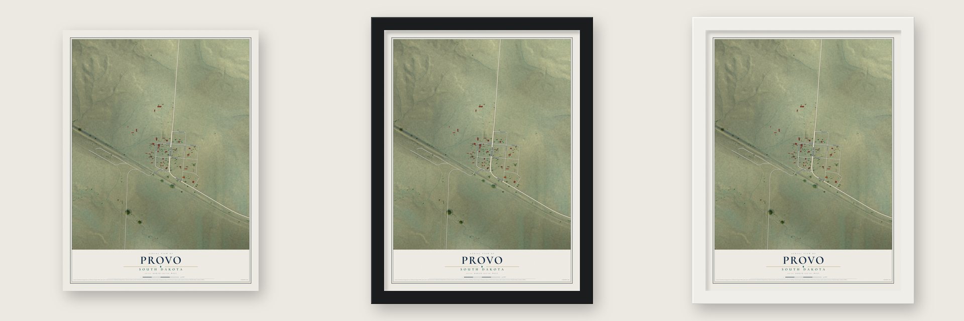 Provo, South Dakota map unframed, in a black wood frame and in a white wood frame