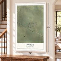 Provo, South Dakota map, 24 x 36 inch print in a white frame by a staircase
