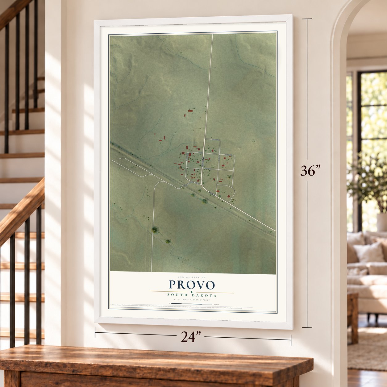 Provo, South Dakota map, 24 x 36 inch print in a white frame by a staircase