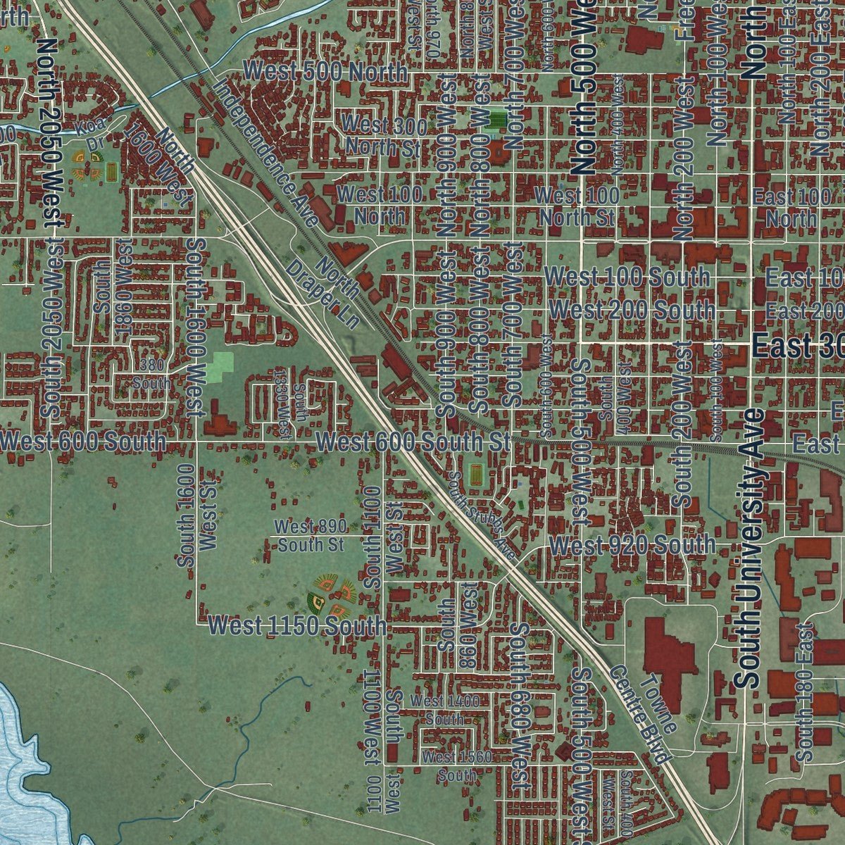 Second close-up of the map of Provo, Utah print showing more streets and buildings