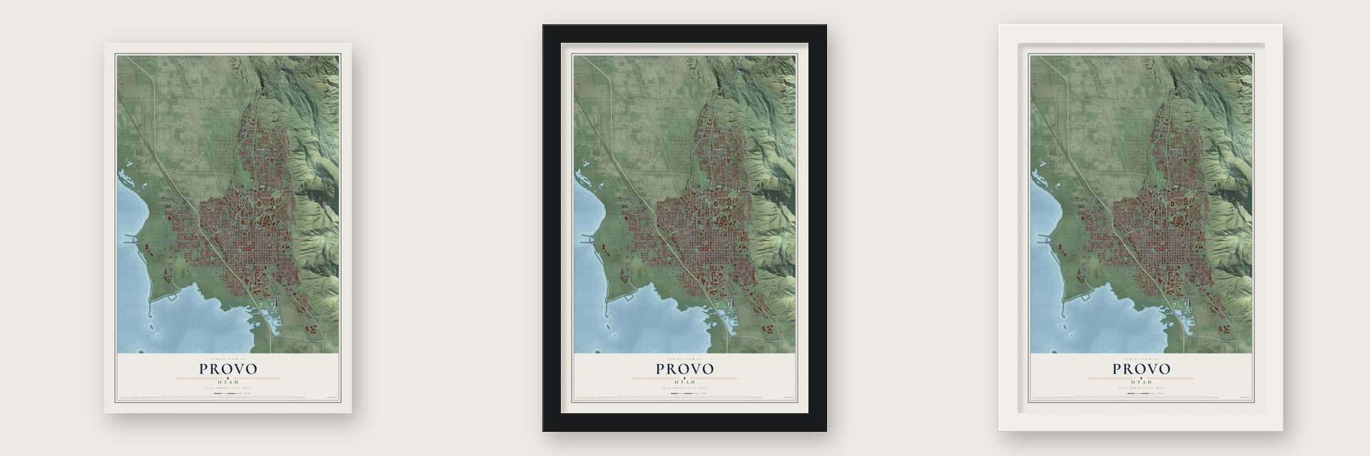 Provo, Utah map unframed, in a black wood frame and in a white wood frame