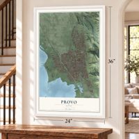 Provo, Utah map, 24 x 36 inch print in a white frame by a staircase
