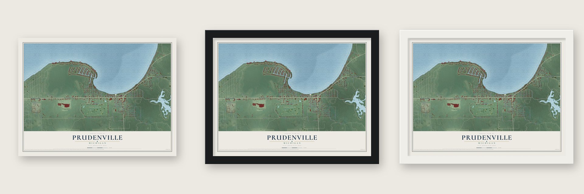 Prudenville, Michigan map unframed, in a black wood frame and in a white wood frame