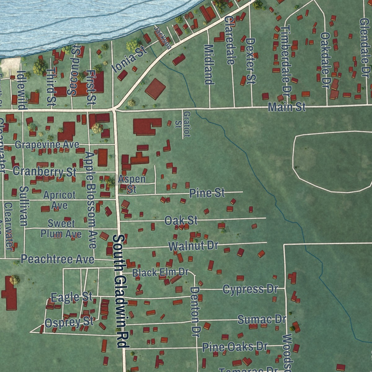 Second close-up of the map of Prudenville, Michigan print showing more streets and buildings