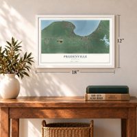 Prudenville, Michigan map, 12 x 18 inch print in a white frame in an entryway
