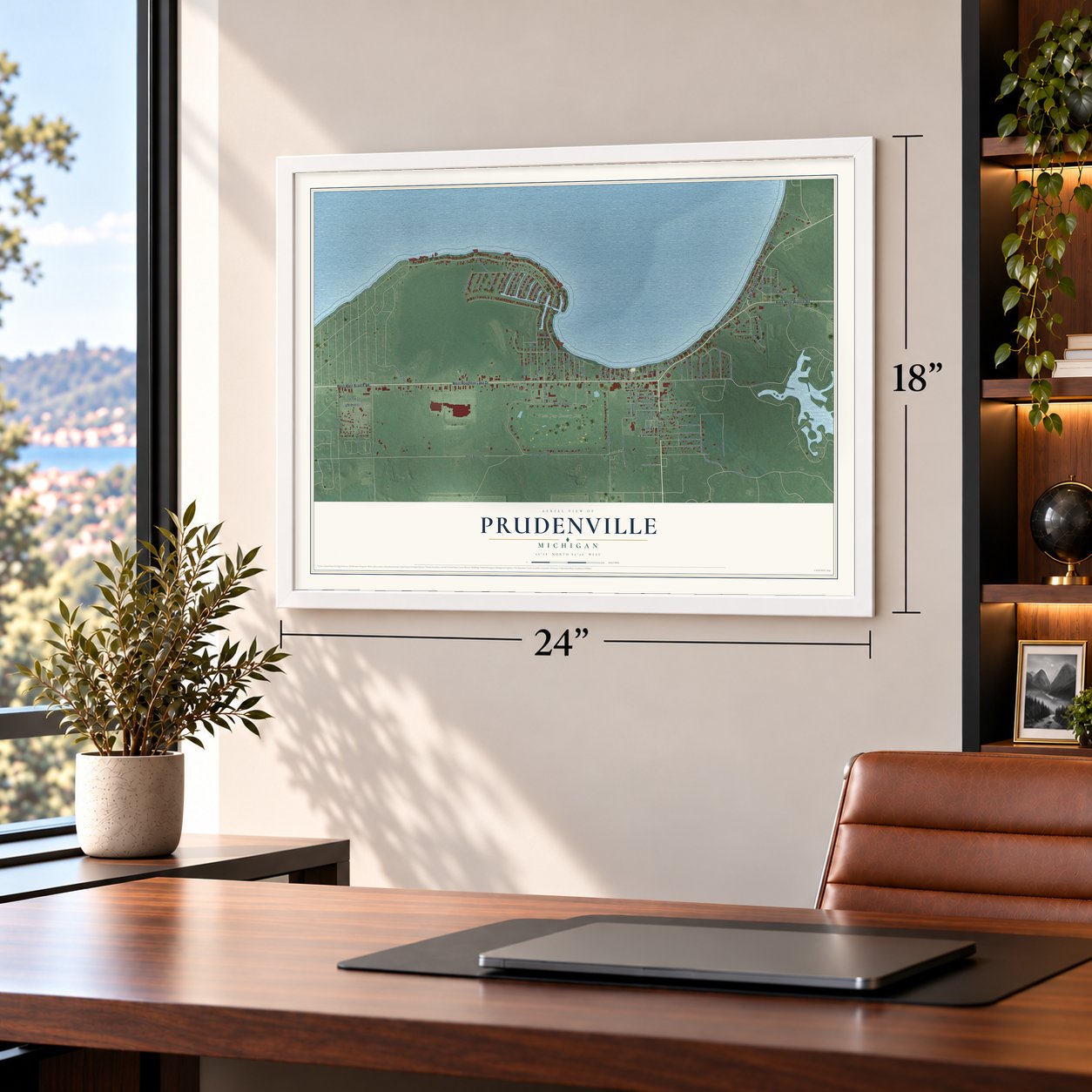 Prudenville, Michigan map, 18 x 24 inch print in a white frame in a home office