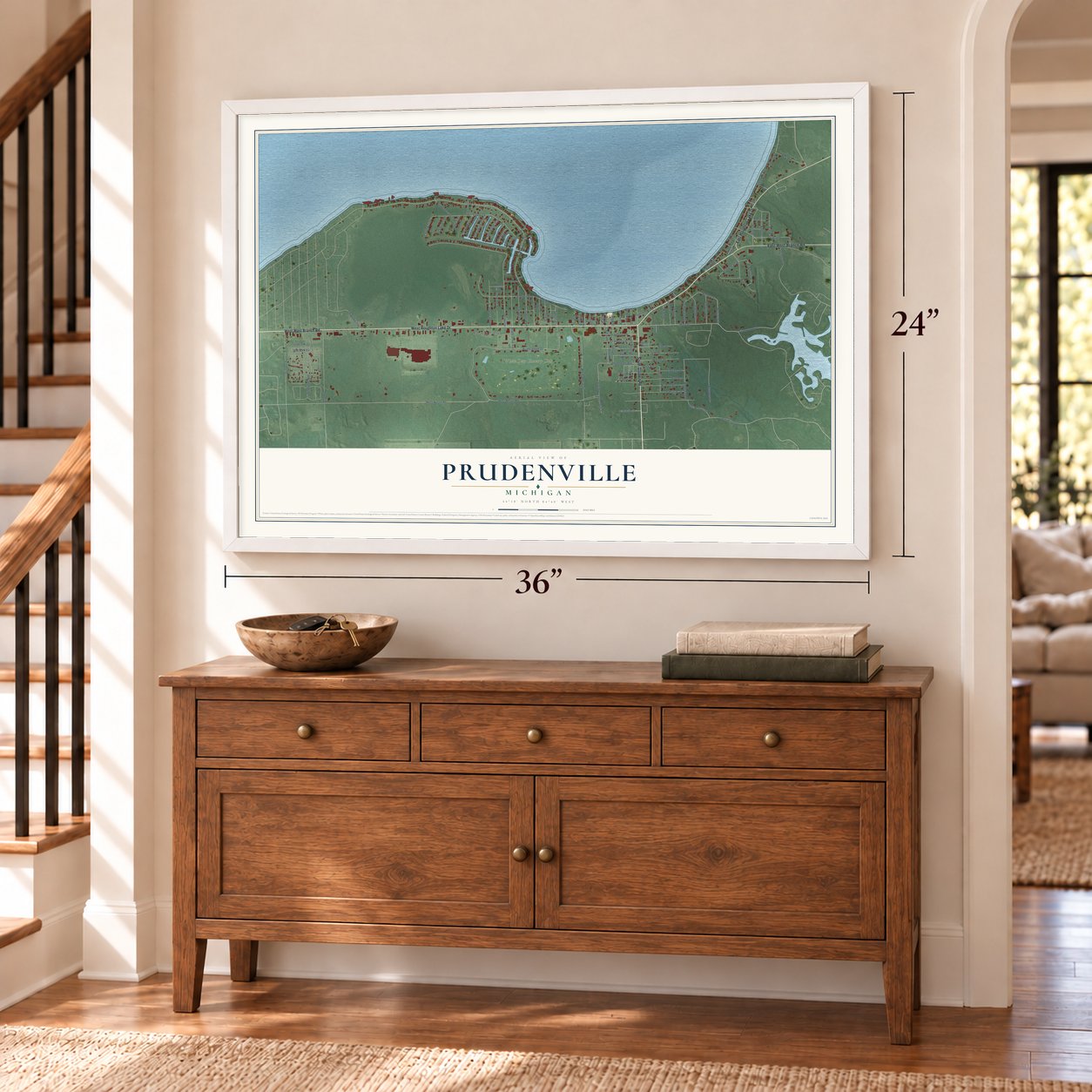 Prudenville, Michigan map, 24 x 36 inch print in a white frame above a dresser by a staircase