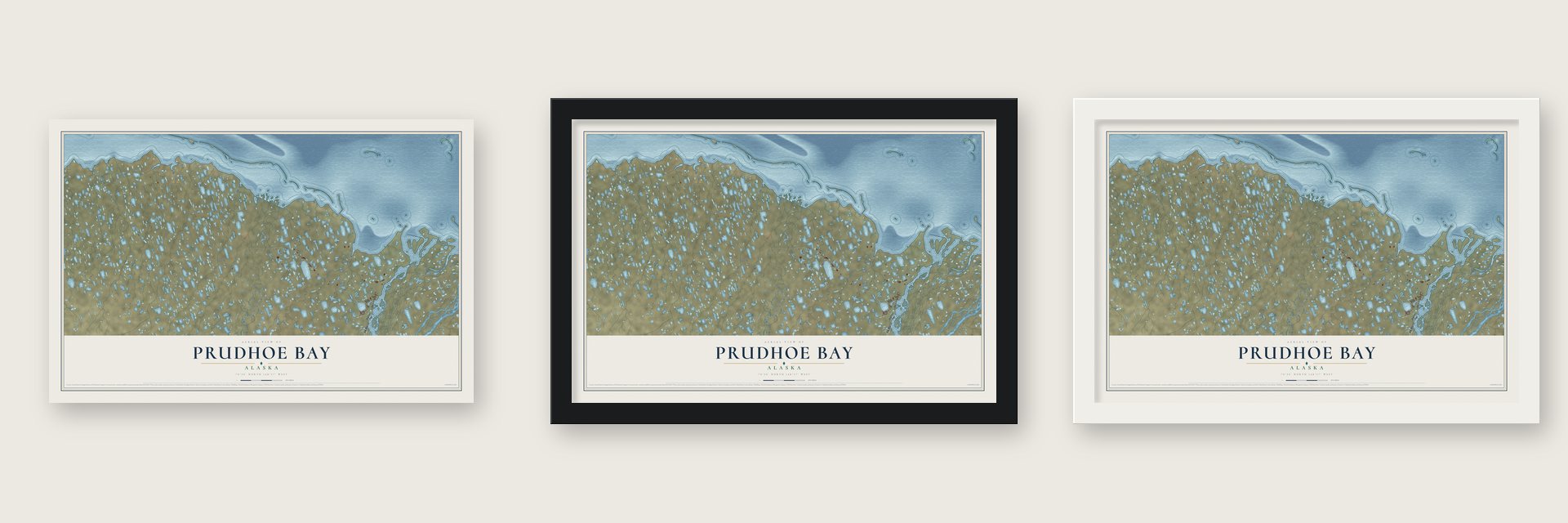 Prudhoe Bay, Alaska map unframed, in a black wood frame and in a white wood frame