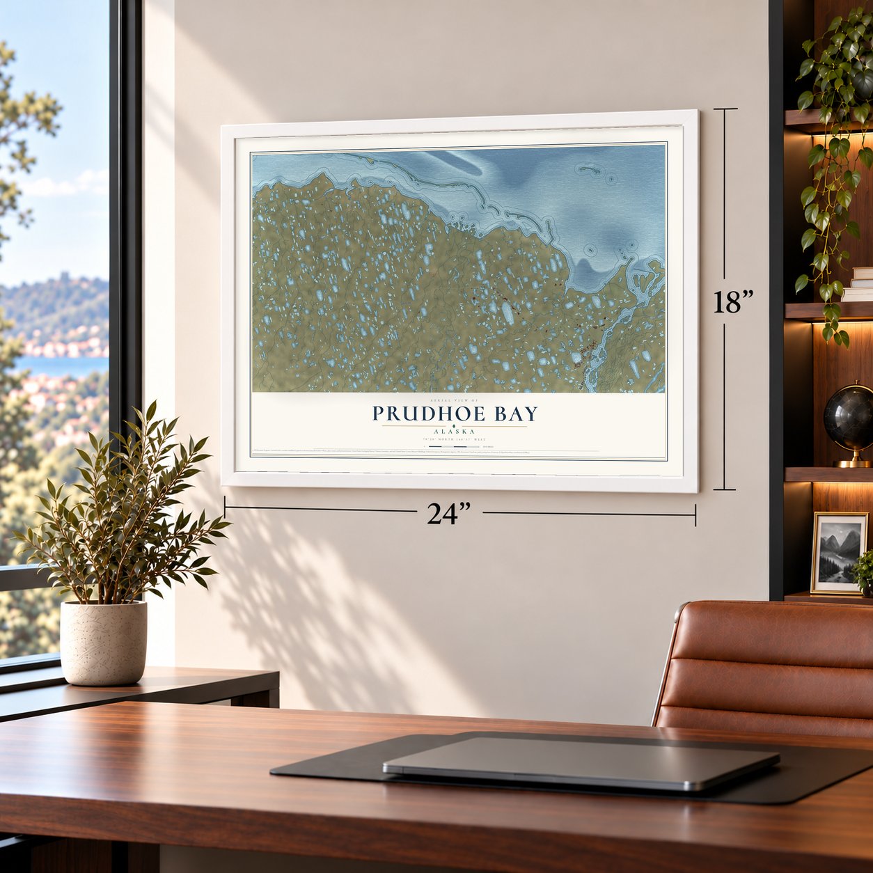 Prudhoe Bay, Alaska map, 18 x 24 inch print in a white frame in a home office