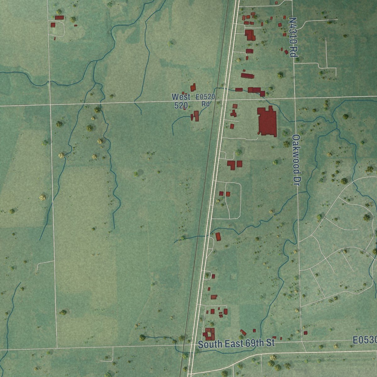 Second close-up of the map of Pryor Creek, Oklahoma print showing more streets and buildings