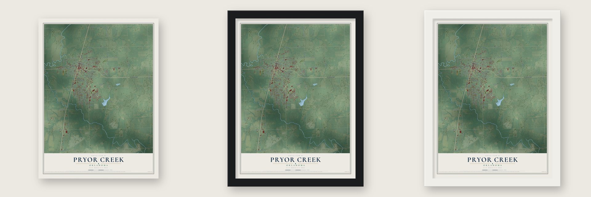 Pryor Creek, Oklahoma map unframed, in a black wood frame and in a white wood frame