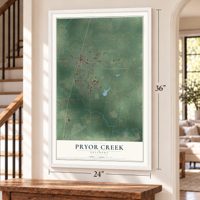Pryor Creek, Oklahoma map, 24 x 36 inch print in a white frame by a staircase