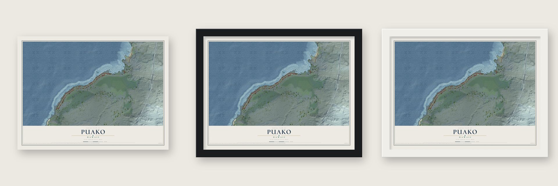 Puako, Hawaii map unframed, in a black wood frame and in a white wood frame