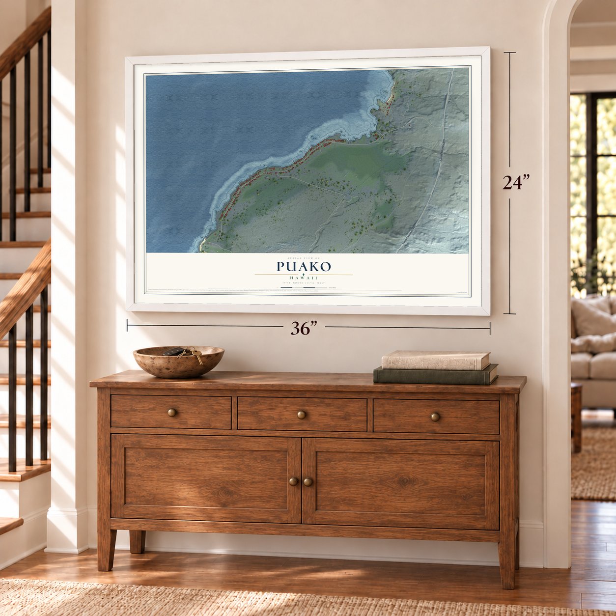 Puako, Hawaii map, 24 x 36 inch print in a white frame above a dresser by a staircase