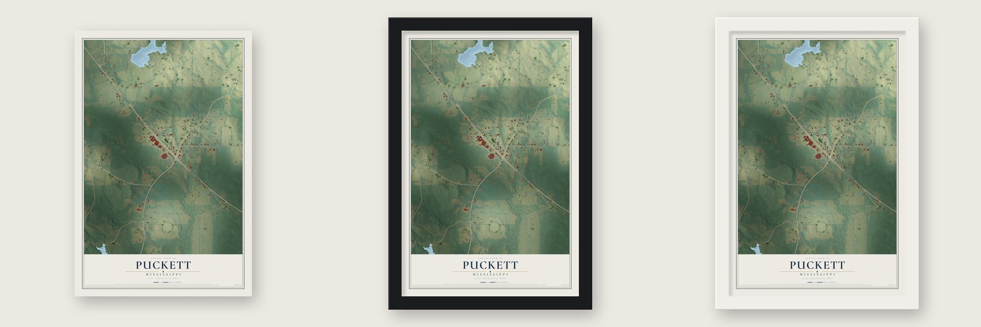 Puckett, Mississippi map unframed, in a black wood frame and in a white wood frame