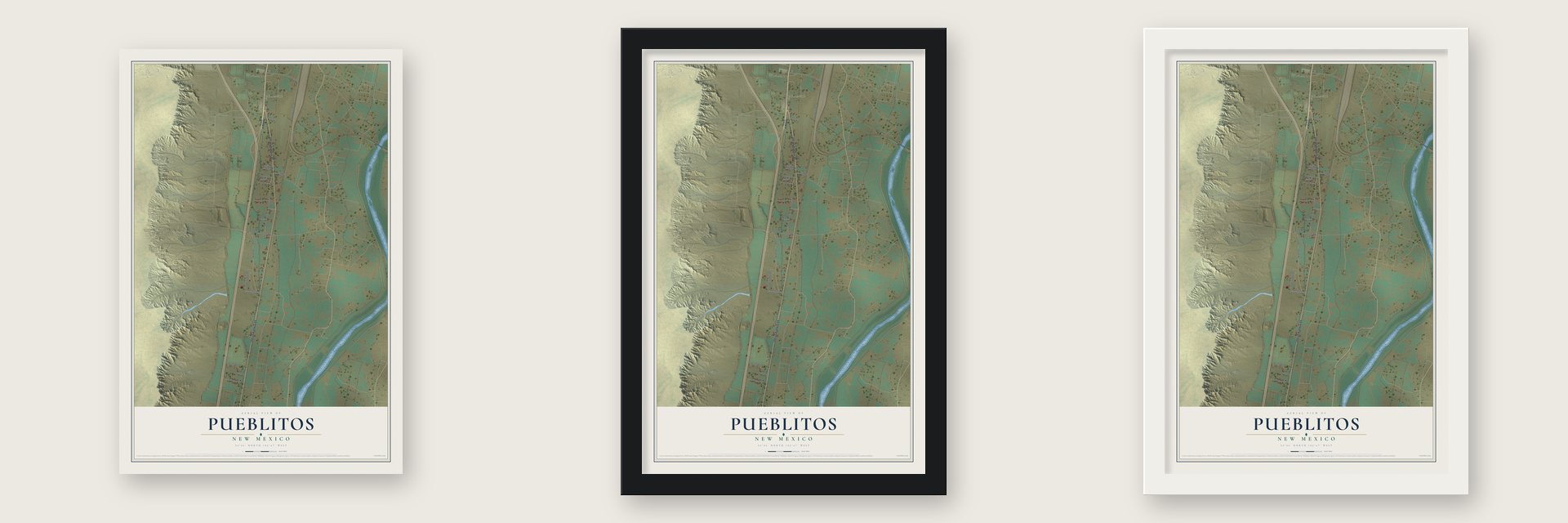 Pueblitos, New Mexico map unframed, in a black wood frame and in a white wood frame