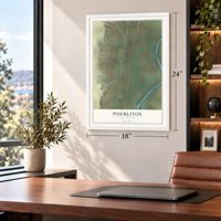 Pueblitos, New Mexico map, 18 x 24 inch print in a white frame in a home office