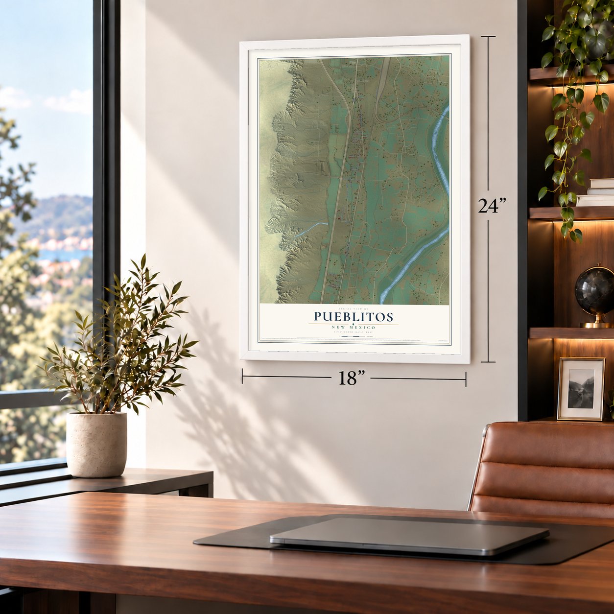 Pueblitos, New Mexico map, 18 x 24 inch print in a white frame in a home office