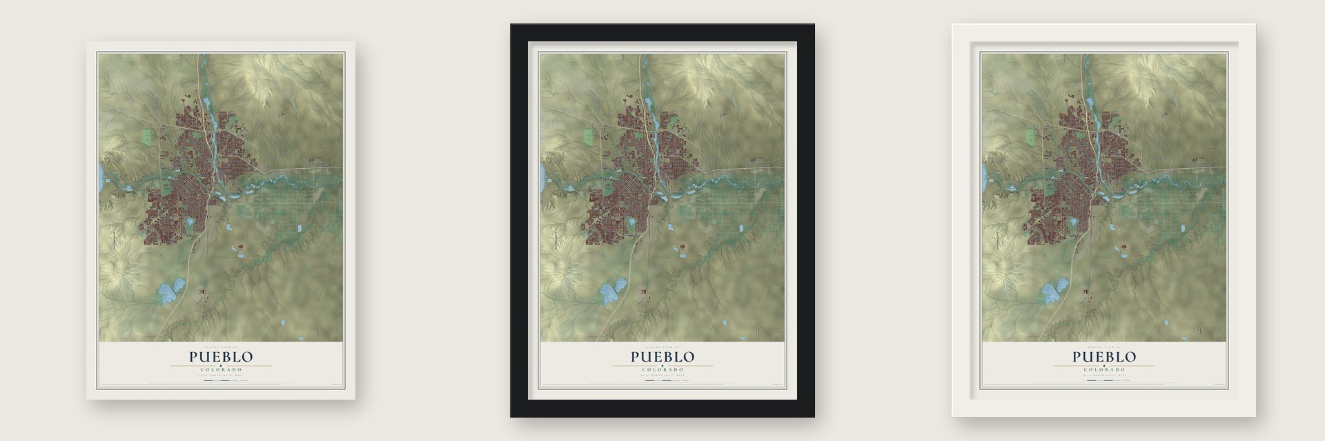 Pueblo, Colorado map unframed, in a black wood frame and in a white wood frame