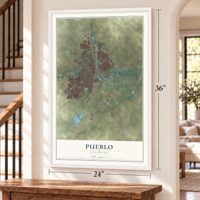 Pueblo, Colorado map, 24 x 36 inch print in a white frame by a staircase