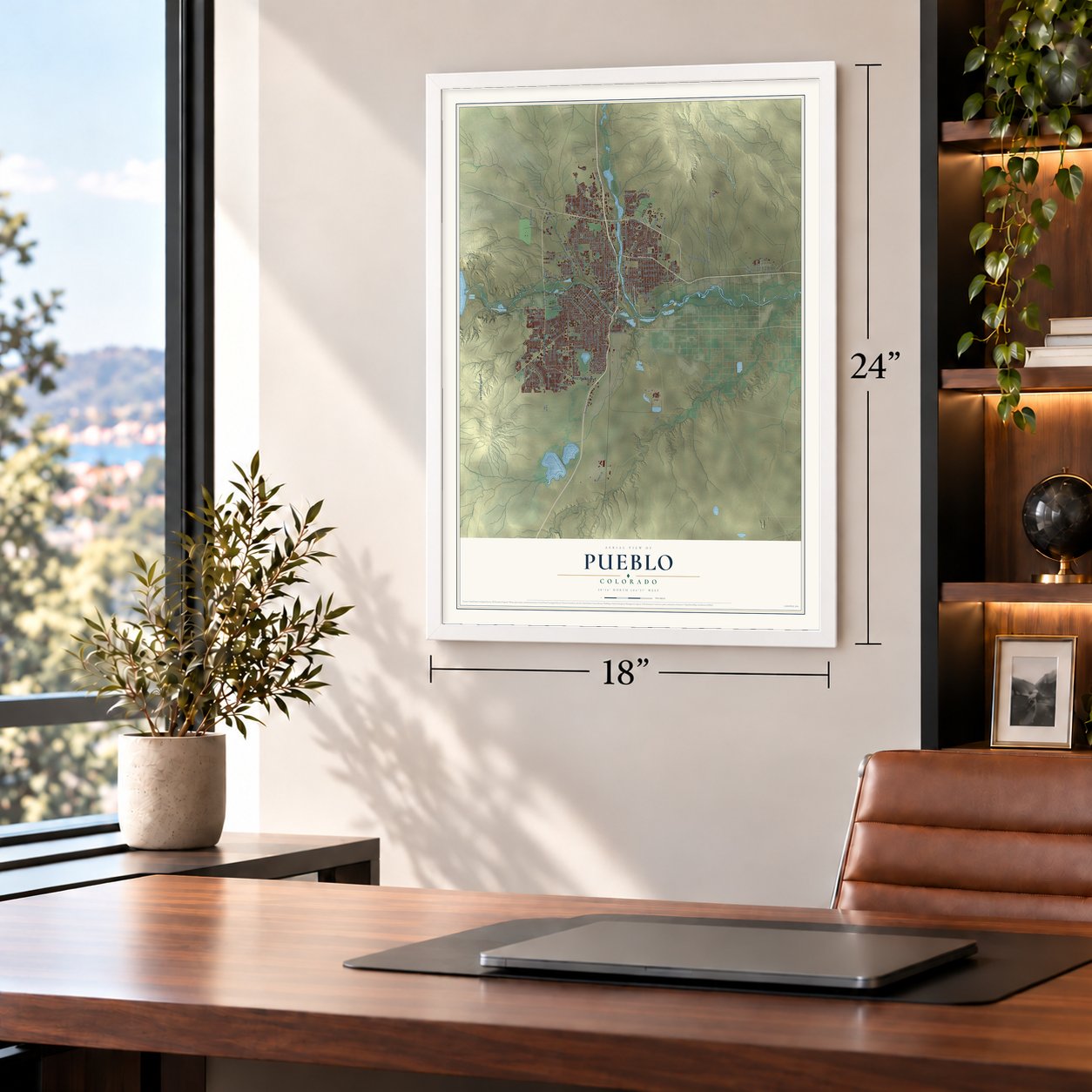 Pueblo, Colorado map, 18 x 24 inch print in a white frame in a home office