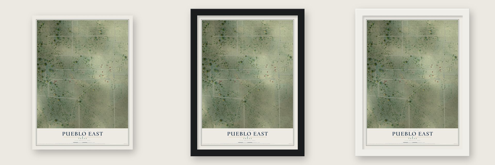 Pueblo East, Texas map unframed, in a black wood frame and in a white wood frame
