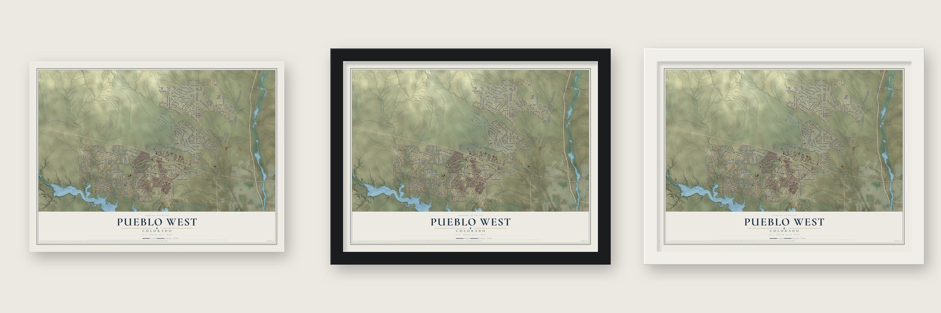 Pueblo West, Colorado map unframed, in a black wood frame and in a white wood frame