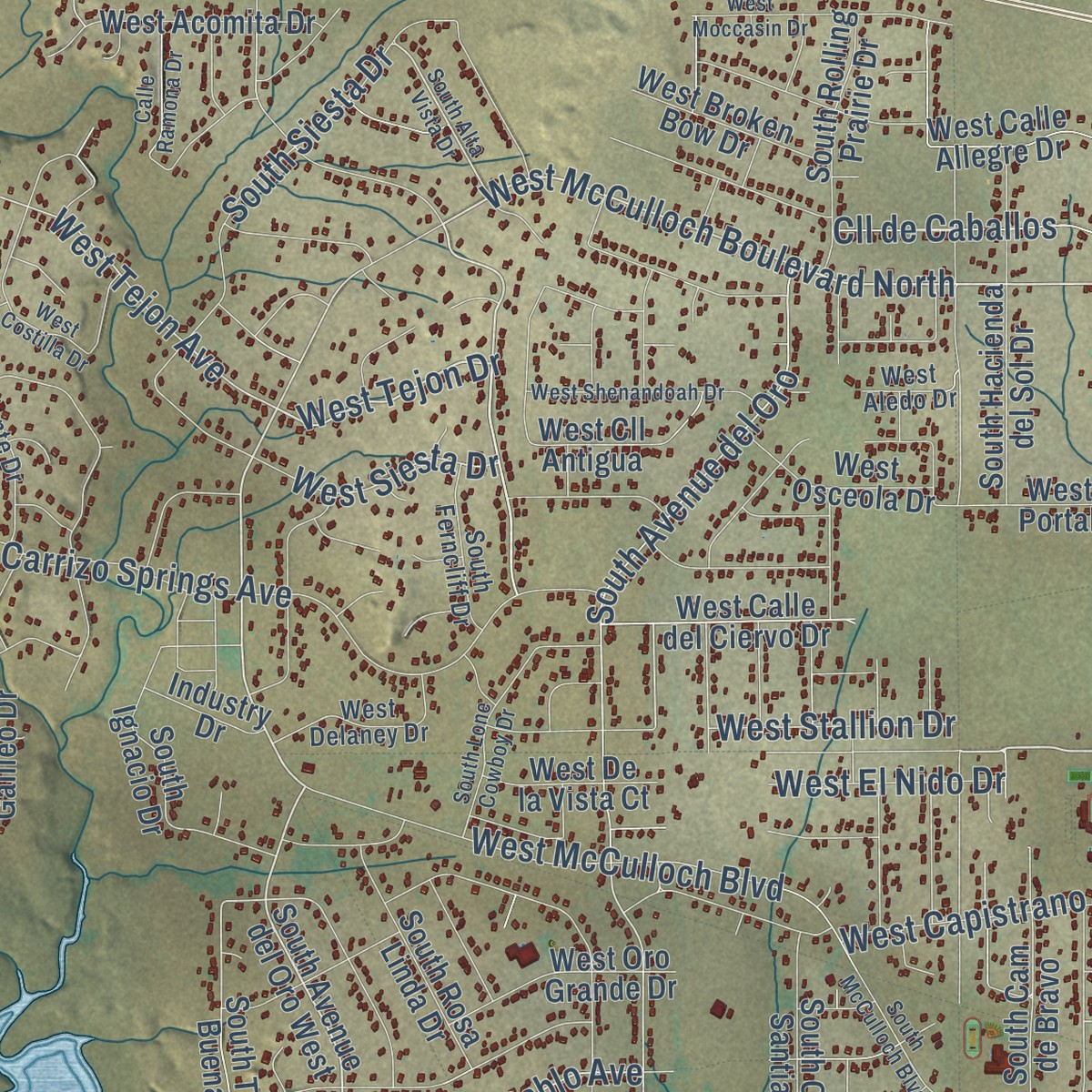 Second close-up of the map of Pueblo West, Colorado print showing more streets and buildings