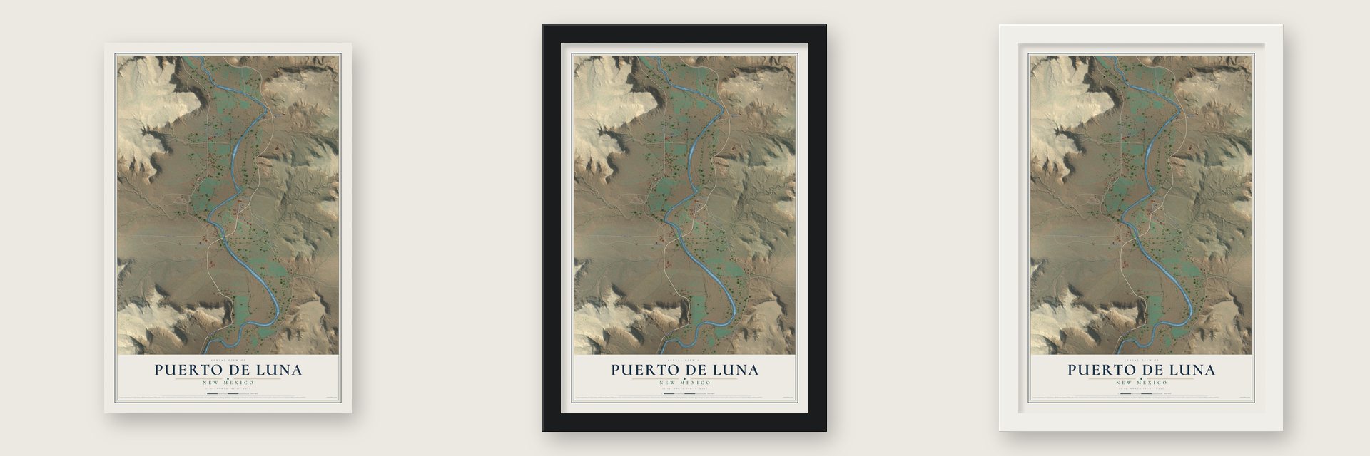 Puerto de Luna, New Mexico map unframed, in a black wood frame and in a white wood frame