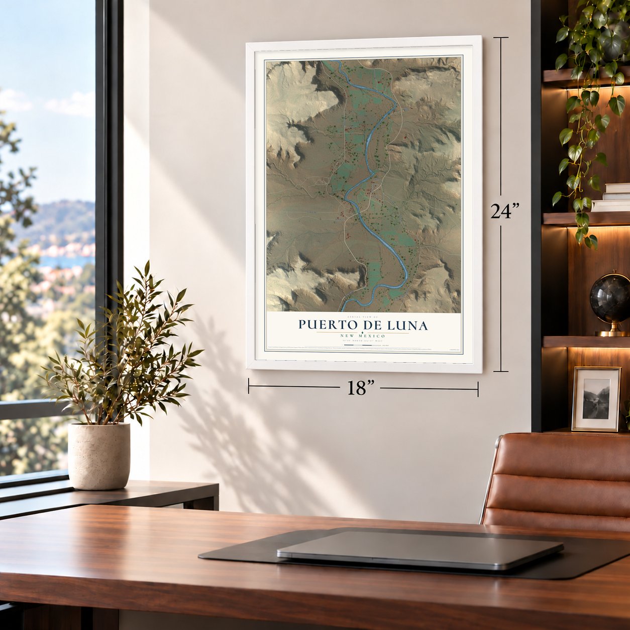 Puerto de Luna, New Mexico map, 18 x 24 inch print in a white frame in a home office