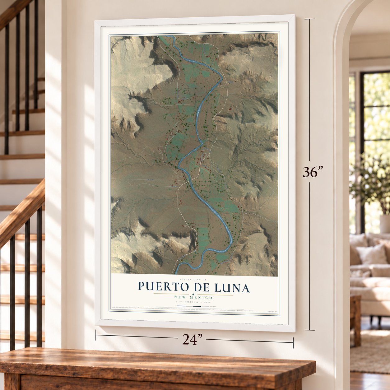 Puerto de Luna, New Mexico map, 24 x 36 inch print in a white frame by a staircase