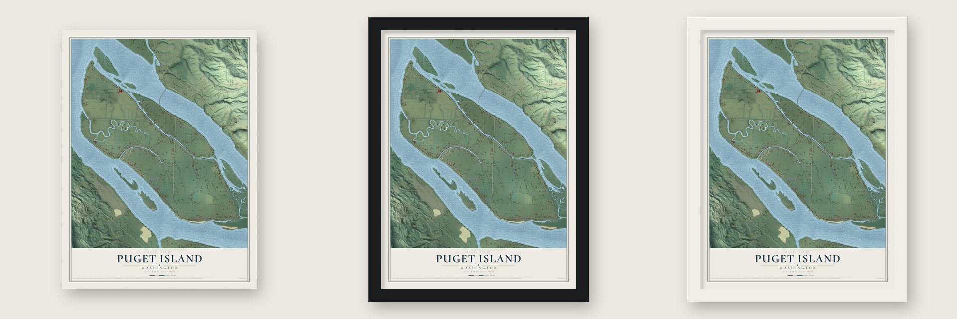 Puget Island, Washington map unframed, in a black wood frame and in a white wood frame