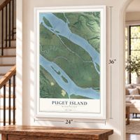Puget Island, Washington map, 24 x 36 inch print in a white frame by a staircase