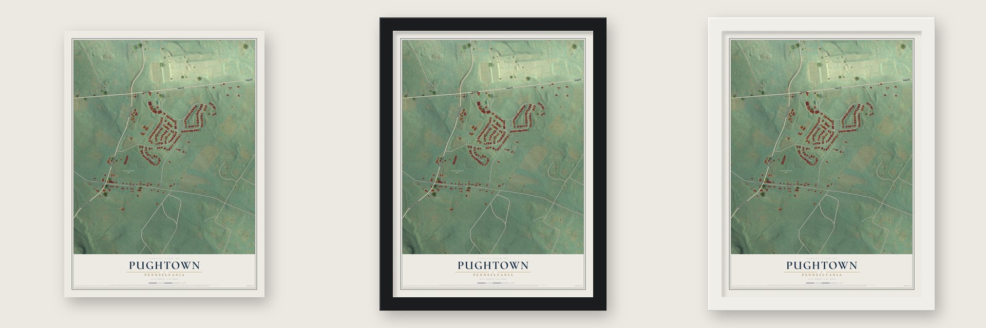 Pughtown, Pennsylvania map unframed, in a black wood frame and in a white wood frame