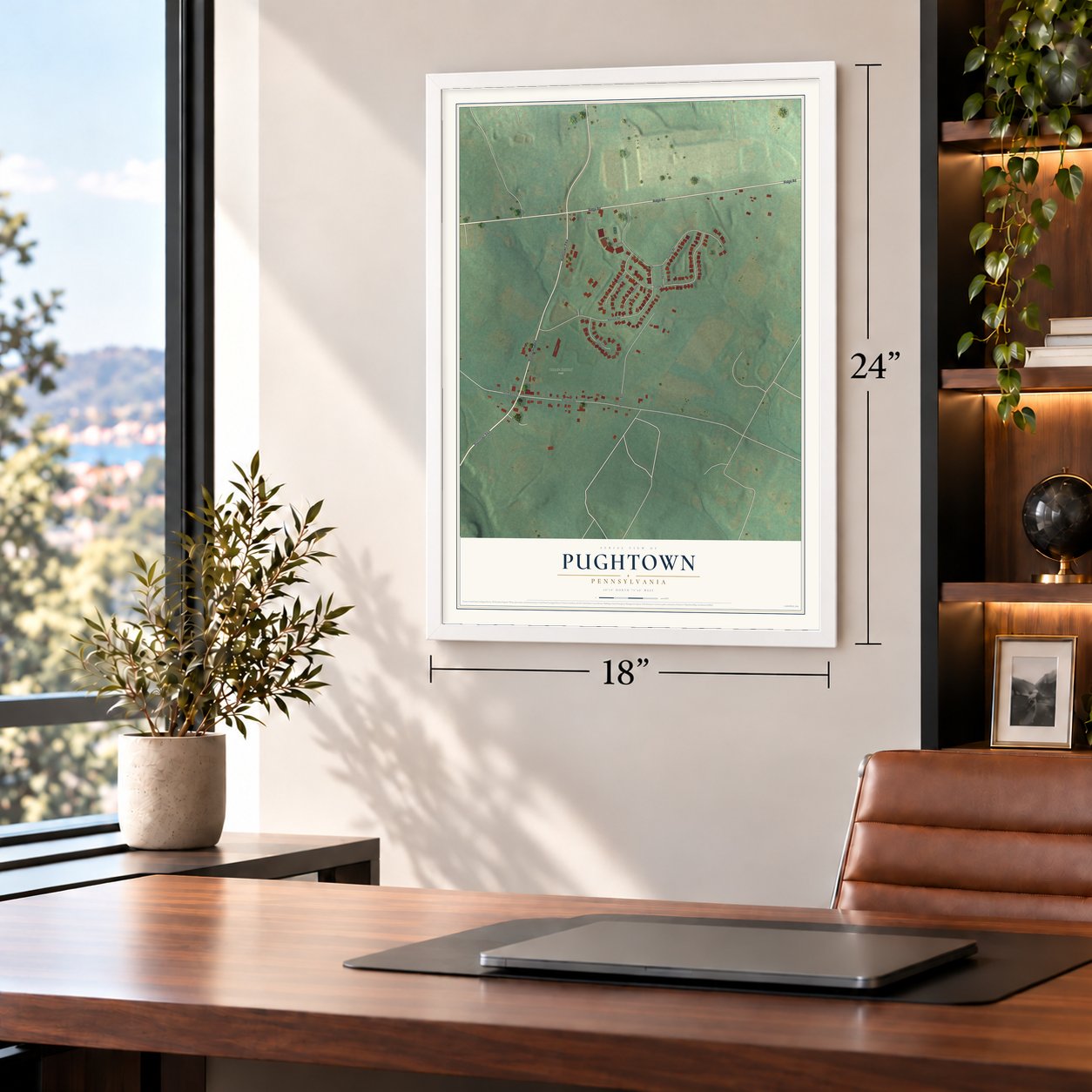 Pughtown, Pennsylvania map, 18 x 24 inch print in a white frame in a home office