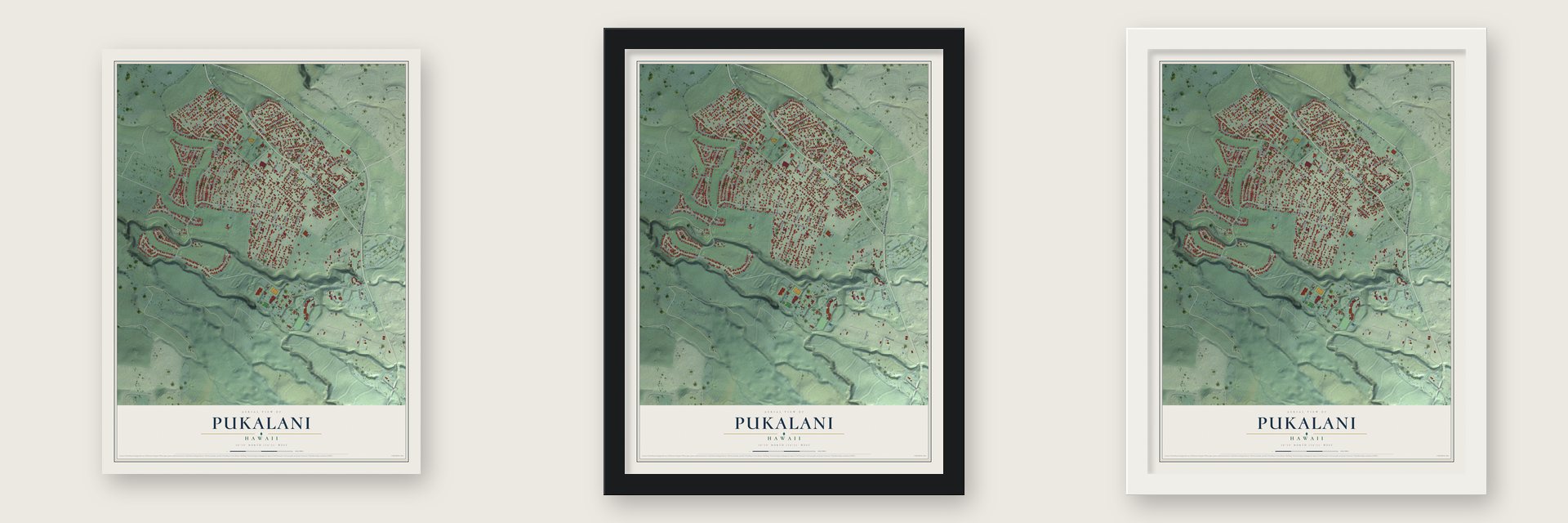 Pukalani, Hawaii map unframed, in a black wood frame and in a white wood frame