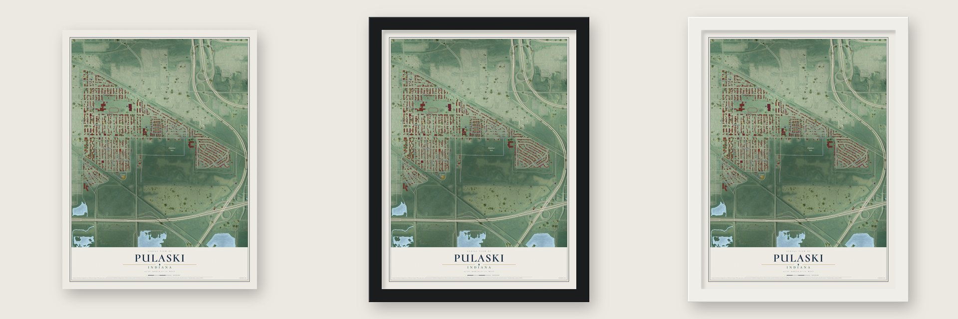 Pulaski, Gary, Indiana map unframed, in a black wood frame and in a white wood frame