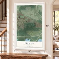 Pulaski, Gary, Indiana map, 24 x 36 inch print in a white frame by a staircase