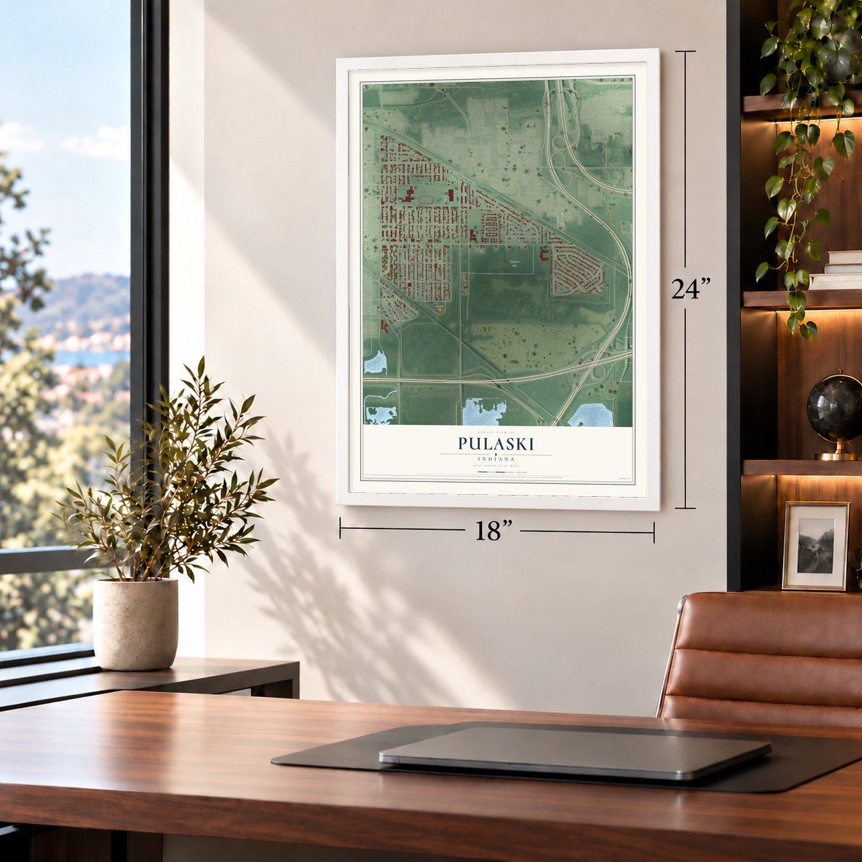Pulaski, Gary, Indiana map, 18 x 24 inch print in a white frame in a home office