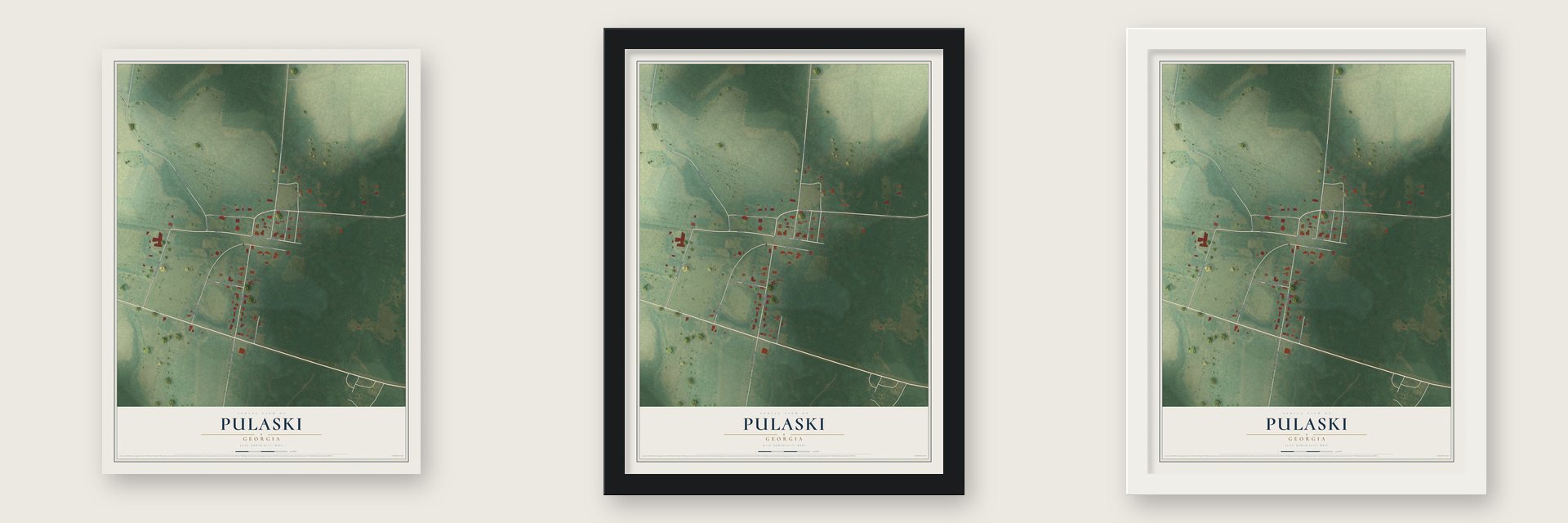 Pulaski, Georgia map unframed, in a black wood frame and in a white wood frame