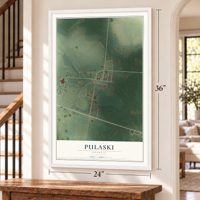 Pulaski, Georgia map, 24 x 36 inch print in a white frame by a staircase