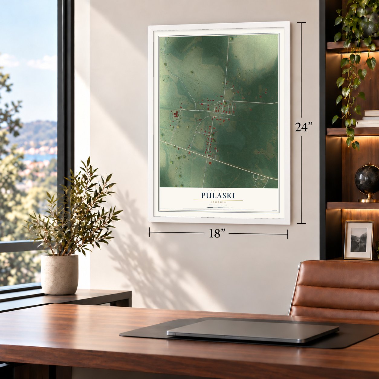 Pulaski, Georgia map, 18 x 24 inch print in a white frame in a home office