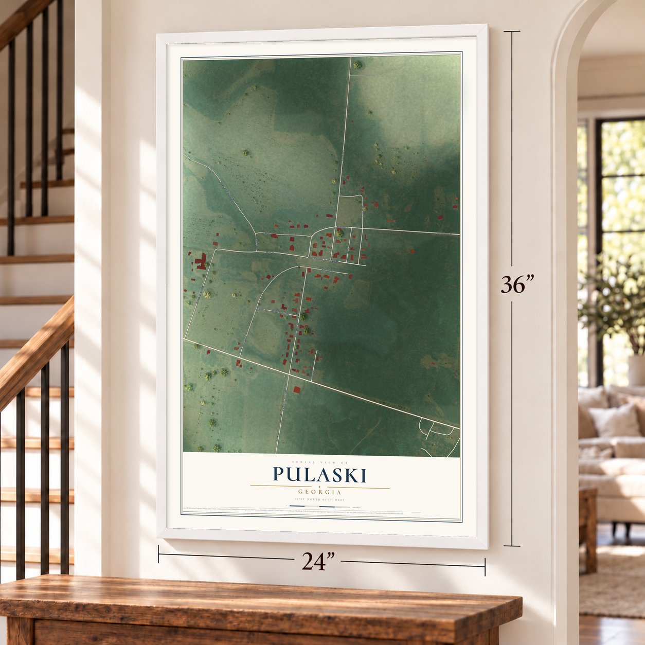 Pulaski, Georgia map, 24 x 36 inch print in a white frame by a staircase