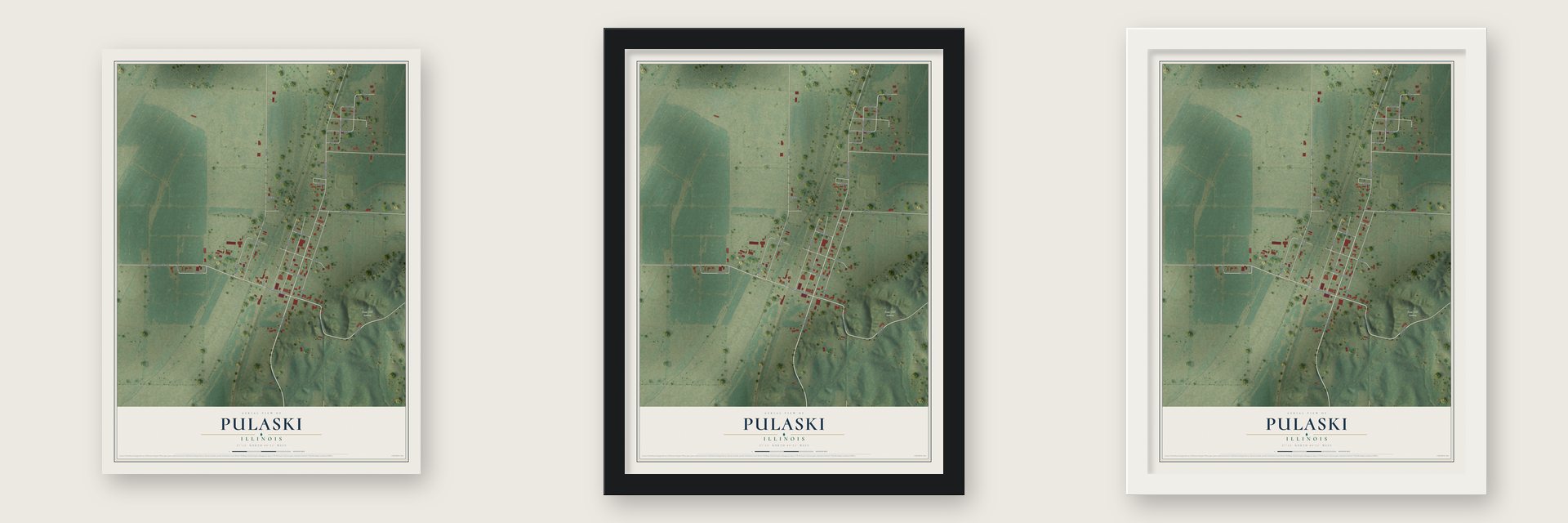 Pulaski, Illinois map unframed, in a black wood frame and in a white wood frame