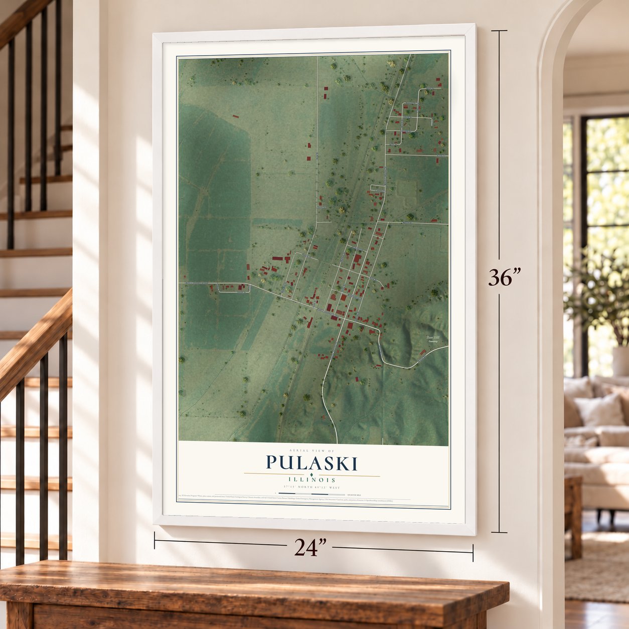 Pulaski, Illinois map, 24 x 36 inch print in a white frame by a staircase