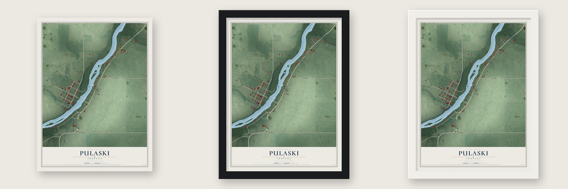 Pulaski, Indiana map unframed, in a black wood frame and in a white wood frame