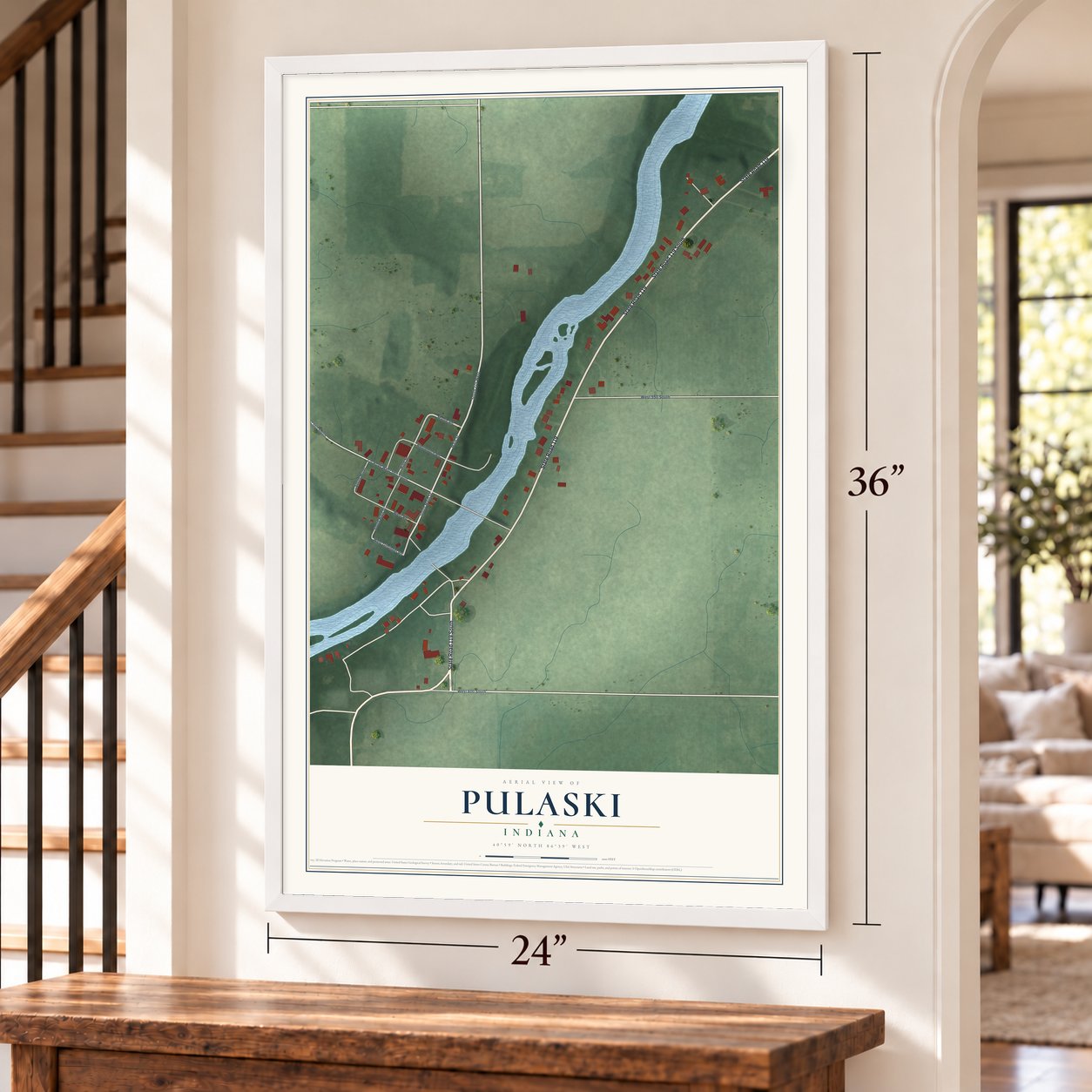 Pulaski, Indiana map, 24 x 36 inch print in a white frame by a staircase