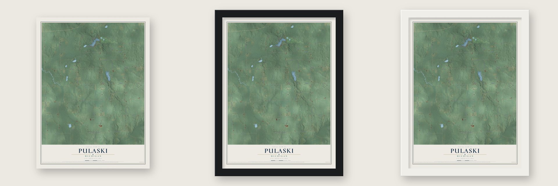Pulaski, Michigan map unframed, in a black wood frame and in a white wood frame