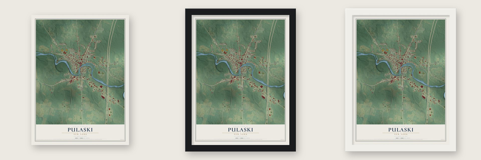Pulaski, New York map unframed, in a black wood frame and in a white wood frame
